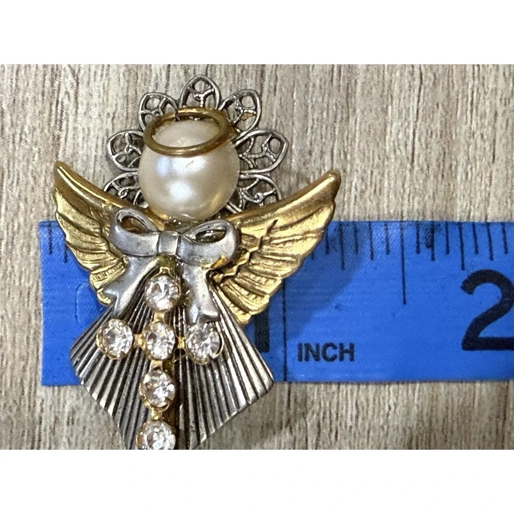 Vintage Brooch Pin Angel Gold Silver Tone with Cross Ten Thousand Angels